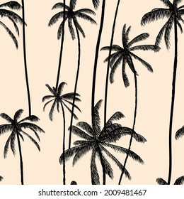 Kokospalmen am Strand nahtlos Muster.  Exotische, weiche, nackte Hintergrund. Hawaiianische Strandbekleidung Textur. Vektorgrafik-Hintergrund.