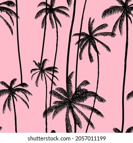 Coconuts palms on beach seamless pattern.  Botanical pale pink background. Hawaiian beach swimwear texture. Vector illustration background.