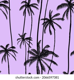 Coconuts palms on beach seamless pattern.  Floral pastel purple background. Hawaiian beach swimwear texture. Vector illustration background.