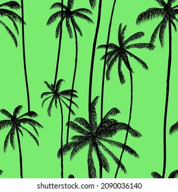 Las palmeras de los cocoteros de la playa están insonorizadas.  Fondo verde pastel de verano. Textura de bañador hawaiano. Fondo de la ilustración del vector.