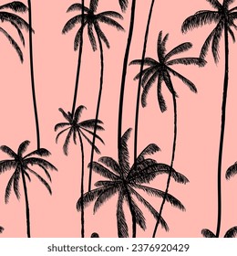 Coconuts palms on beach seamless pattern.  Botanical pale pink background. Hawaiian beach swimwear texture. Vector illustration background. svg