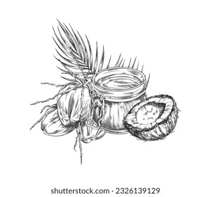 Coconuts pile with leaves of coco palm, hand drawn vintage engraving style vector illustration. Coconuts composition for food and cosmetic packs design.