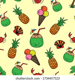 Coconuts, pineapples, ice cream, crabs, palm trees and shells on a light background. Seamless tropical summer pattern for fabric, wallpaper, wrapping paper.