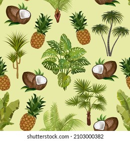 Coconuts, pineapples and palm trees.Seamless vector pattern with palms, coconuts and pineapples on a colored background.