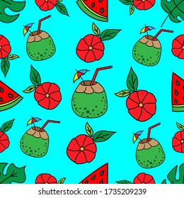 Coconuts, red flowers and leaves on a light blue background. Seamless tropical summer pattern for fabric, wallpaper, wrapping paper.