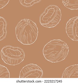 Coconuts seamless pattern. Line art vector illustration. Healthy food background. svg
