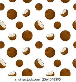 Coconuts seamless vector pattern on white background. Wrapping paper. Simple background for print design. Sweet and healthy tropical fruit nut, whole and cracked coco