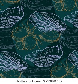 Coconuts and shells Elegant seamless pattern hand drawn. A contemporary collage with simple shapes. Modern exotic design for paper, cover, fabric, wallpaper, interior. Vector graphics.