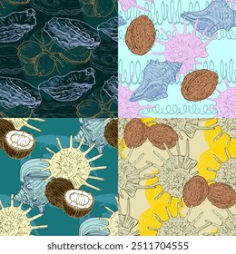 Coconuts and shells Elegant seamless pattern hand drawn. A contemporary collage with simple shapes. Modern exotic design for paper, cover, fabric, wallpaper, interior. Vector graphics.
