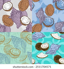 Coconuts and shells Elegant seamless pattern hand drawn. A contemporary collage with simple shapes. Modern exotic design for paper, cover, fabric, wallpaper, interior. Vector graphics.