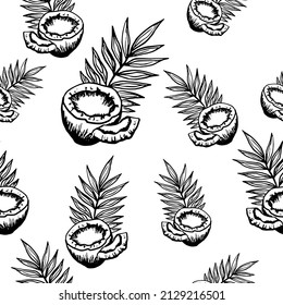 Coconuts split and pieces, tropical leaves. Vector seamless fruit pattern with contours. sketch with doodle style. Design for branding packaging, textiles.