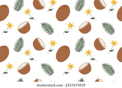 Coconuts summer seamless pattern. Coconuts, leaves and flowers on white background. 
