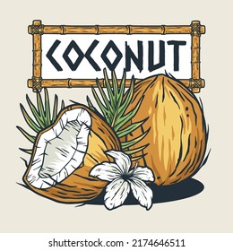 Coconuts. Summer tropical fruits design with text area