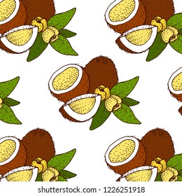 Coconuts, tropical leaves and flowers. Vector seamless pattern