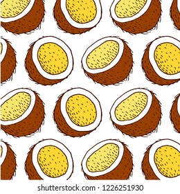 Coconuts, tropical leaves and flowers. Vector seamless pattern