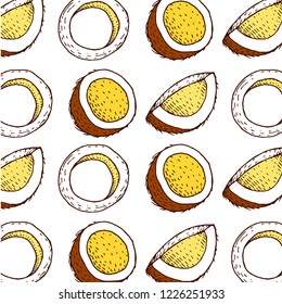 Coconuts, tropical leaves and flowers. Vector seamless pattern
