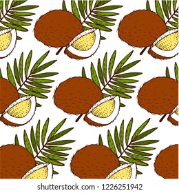 Coconuts, tropical leaves and flowers. Vector seamless pattern