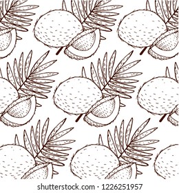 Coconuts, tropical leaves and flowers. Vector seamless pattern