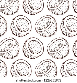 Coconuts, tropical leaves and flowers. Vector seamless pattern