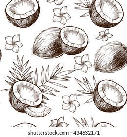 Coconuts, tropical leaves and flowers. Vector seamless pattern