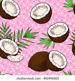 Coconuts, tropical leaves  on a  pink geometric background. Vector seamless pattern