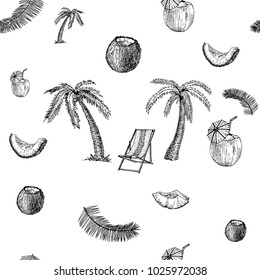 Coconuts, tropical leaves. Vector seamless pattern.