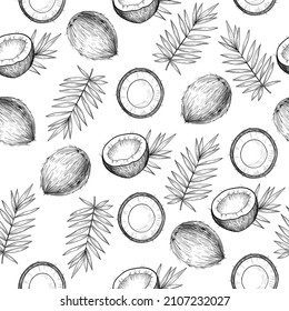 Coconuts and tropical leaves. Vector seamless pattern. Hand drawn illustrations.