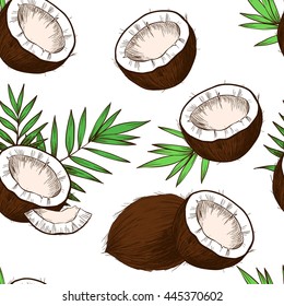 Coconuts, tropical leaves . Vector seamless pattern