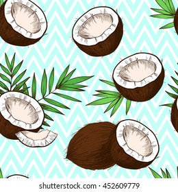 Coconuts, tropical leaves . Vector seamless pattern