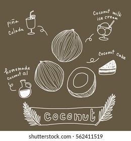 Coconuts with various coconut dish ideas and benefits such as pina colada cocktail, coconut cake, coconut milk ice cream, handmade coconut oil. Vector illustration with doodle style.