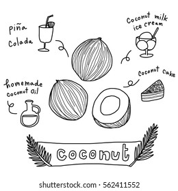 Coconuts with various coconut dish ideas and benefits such as pina colada cocktail, coconut cake, coconut milk ice cream, handmade coconut oil. Vector illustration with doodle style.