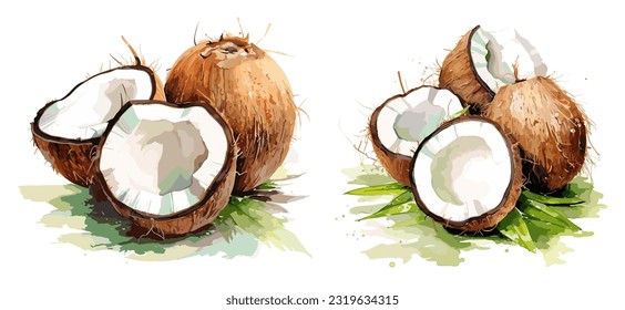 Coconuts, watercolor painting style illustration. Vector set. svg