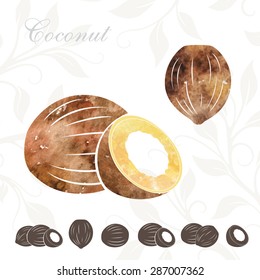 Coconuts with watercolor texture and icons