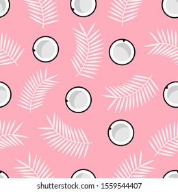 Coconuts and white palm leaves or branches. Minimalistic icons. Colored graphic vector seamless pattern. Cartoon style, simple flat design. Trendy illustration. Pink background. 