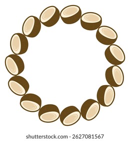 Corona de cocos, medio coco, marco redondo de la corona de la fruta exótica, ilustración aislada
