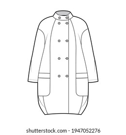 Cocoon coat technical fashion illustration with long dropped sleeves, double breasted, oversized body, knee length. Flat jacket template front, white color style. Women, men, unisex top CAD mockup