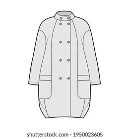 Cocoon coat technical fashion illustration with long dropped sleeves, double breasted, oversized body, knee length. Flat jacket template front, grey color style. Women, men, unisex top CAD mockup