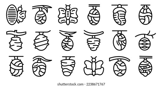 Cocoon icons set outline vector. Pupa cycle. Butterfly caterpillar