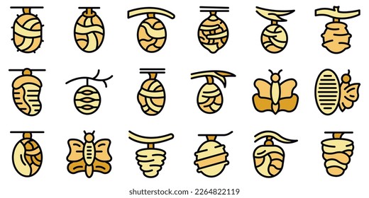 Cocoon icons set outline vector. Pupa cycle. Butterfly caterpillar color flat on white