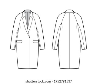 Cocoon jacket technical fashion illustration with notched lapel collar, oversized, long raglan sleeves, hide opening. Flat coat template front, back white color style. Women, men unisex top CAD mockup