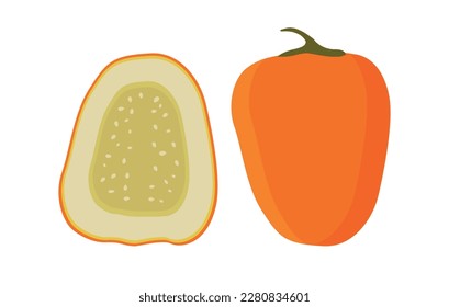 Cocoona on white background, half cut and whole cocona, sweet tropical fruit. Exotic vegan food for juice in a flat style