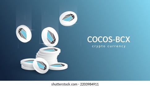 Cocos BCX Coin falling or flying with pile of coins. Cryptocurrency banner. Crypto currency on blue background. Vector 3d illustration. 