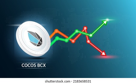Cocos BCX coin white. Cryptocurrency token symbol with stock market investment trading graph green and red. Economic trends business concept. 3D Vector illustration.