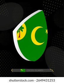 Cocos Islands Flag Shield icon in 3D on Dark Modern Abstract Rugby Background. Perfect for sports events, heritage themes, national celebrations, and patriotic designs.