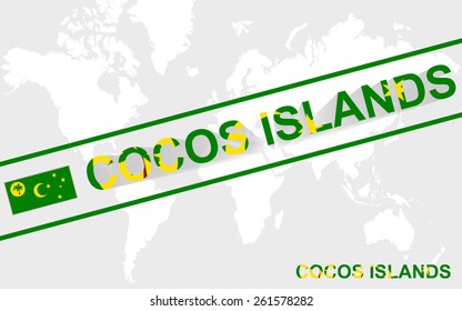 Cocos Islands map flag and text illustration, on world map