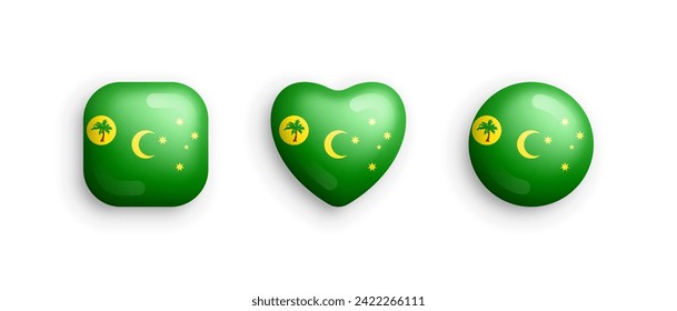 Cocos Islands Official National Flag 3D Vector Glossy Icons In Rounded Square, Heart And Circle Shape Isolate On White. Sign And Symbols Graphic Design Elements Volumetric Buttons Collection