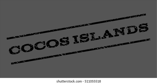 Cocos Islands watermark stamp. Text caption between parallel lines with grunge design style. Rubber seal stamp with unclean texture. Vector black color ink imprint on a gray background.