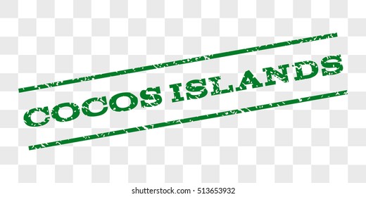 Cocos Islands watermark stamp. Text tag between parallel lines with grunge design style. Rubber seal stamp with scratched texture. Vector green color ink imprint on a chess transparent background.
