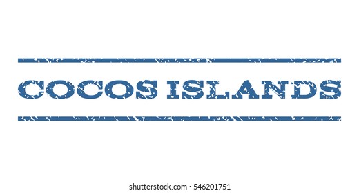 Cocos Islands watermark stamp. Text caption between horizontal parallel lines with grunge design style. Rubber seal stamp with dirty texture. Vector cobalt color ink imprint on a white background.