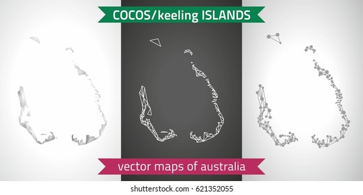 Cocos (Keeling) Islands set of grey and silver mosaic 3d polygonal maps. Graphic vector triangle geometry outline shadow perspective maps